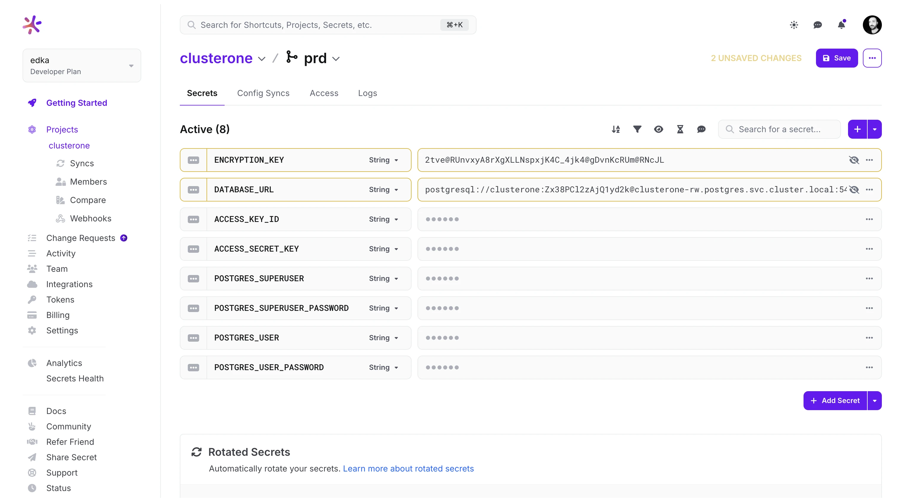 Doppler project showing DATABASE_URL and ENCRYPTION_KEY secrets